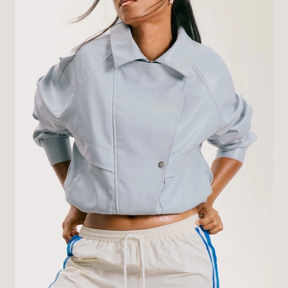 Powder Blue Faux Leather Oversized Cropped Moto Jacket